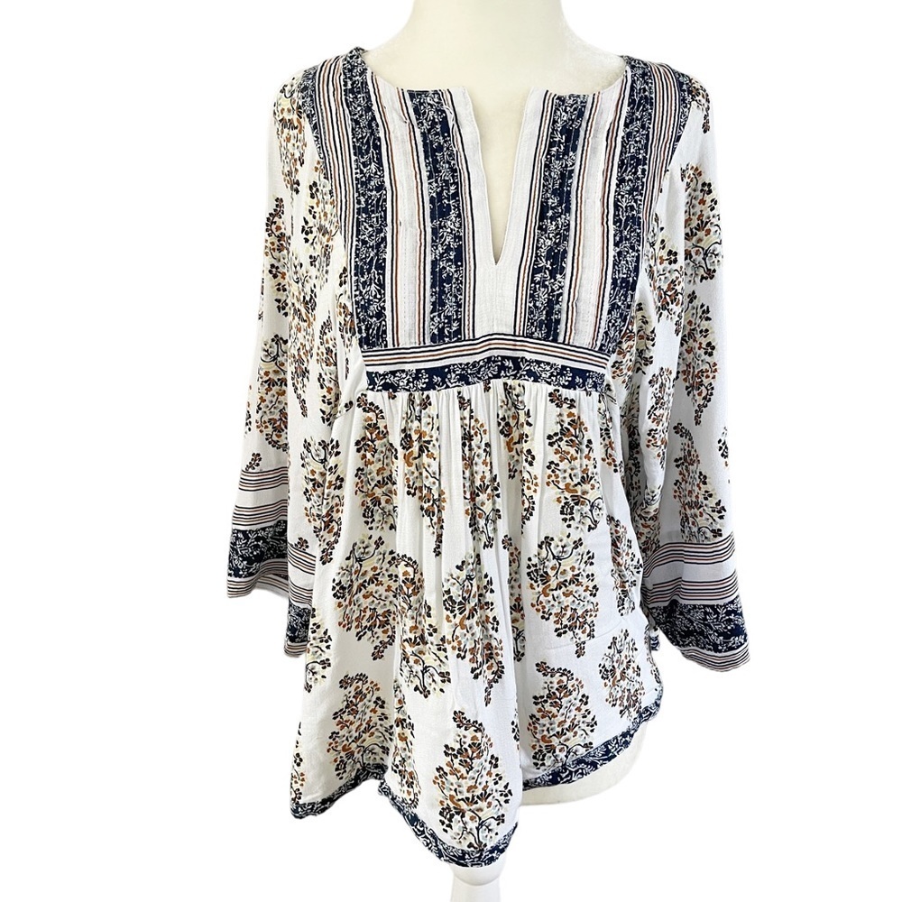 Lucky Brand Blouse Floral Peasant Top V Neck 3/4 Sleeve Boho Sz S/P